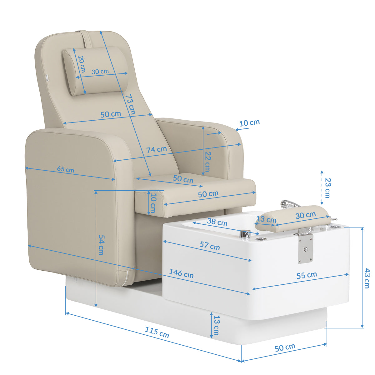Rysunek wymiarowy fotela SPA do pedicure Sillon Elysia kremowego