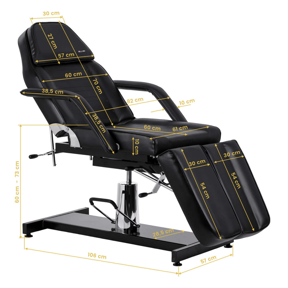 Fotel kosmetyczny hydrauliczny do pedicure Sillon 210 z kołyską i dzielonym podnóżkiem czarny, z wymiarami i detalami.
