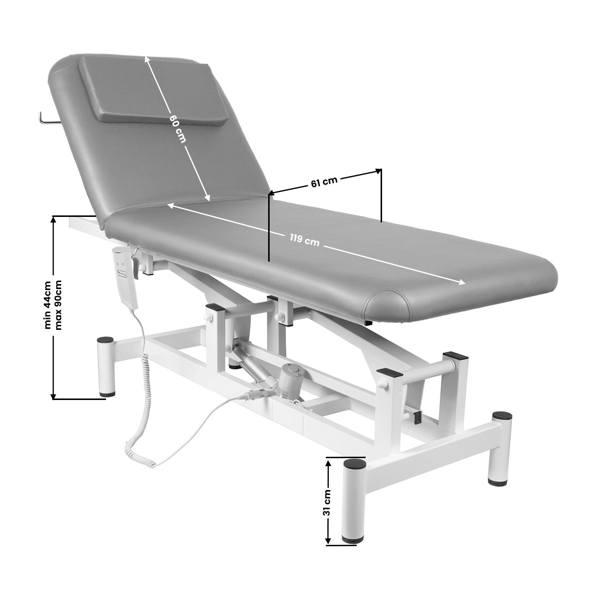 Rysunek wymiarowy lezanki do masazu Sillon 079 szara