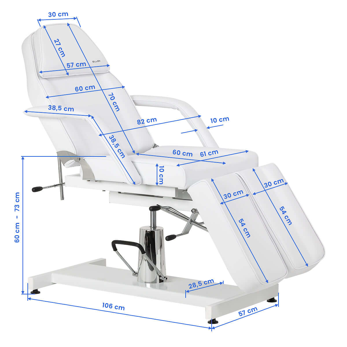 Fotel kosmetyczny hydrauliczny do pedicure Sillon 210 z kołyską i dzielonym podnóżkiem biały - wymiary i szczegóły.