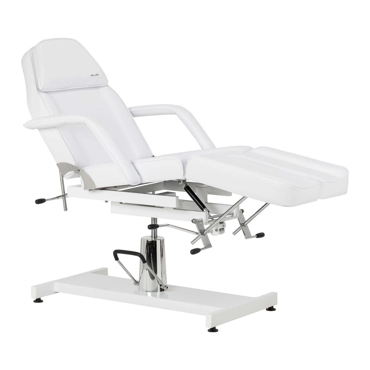 Fotel kosmetyczny hydrauliczny do pedicure Sillon 210 z kołyską i dzielonym podnóżkiem biały na białej podstawie.