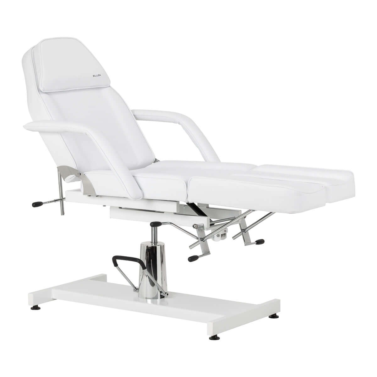 Fotel kosmetyczny hydrauliczny do pedicure Sillon 210 z kołyską i dzielonym podnóżkiem biały na białej podstawie.