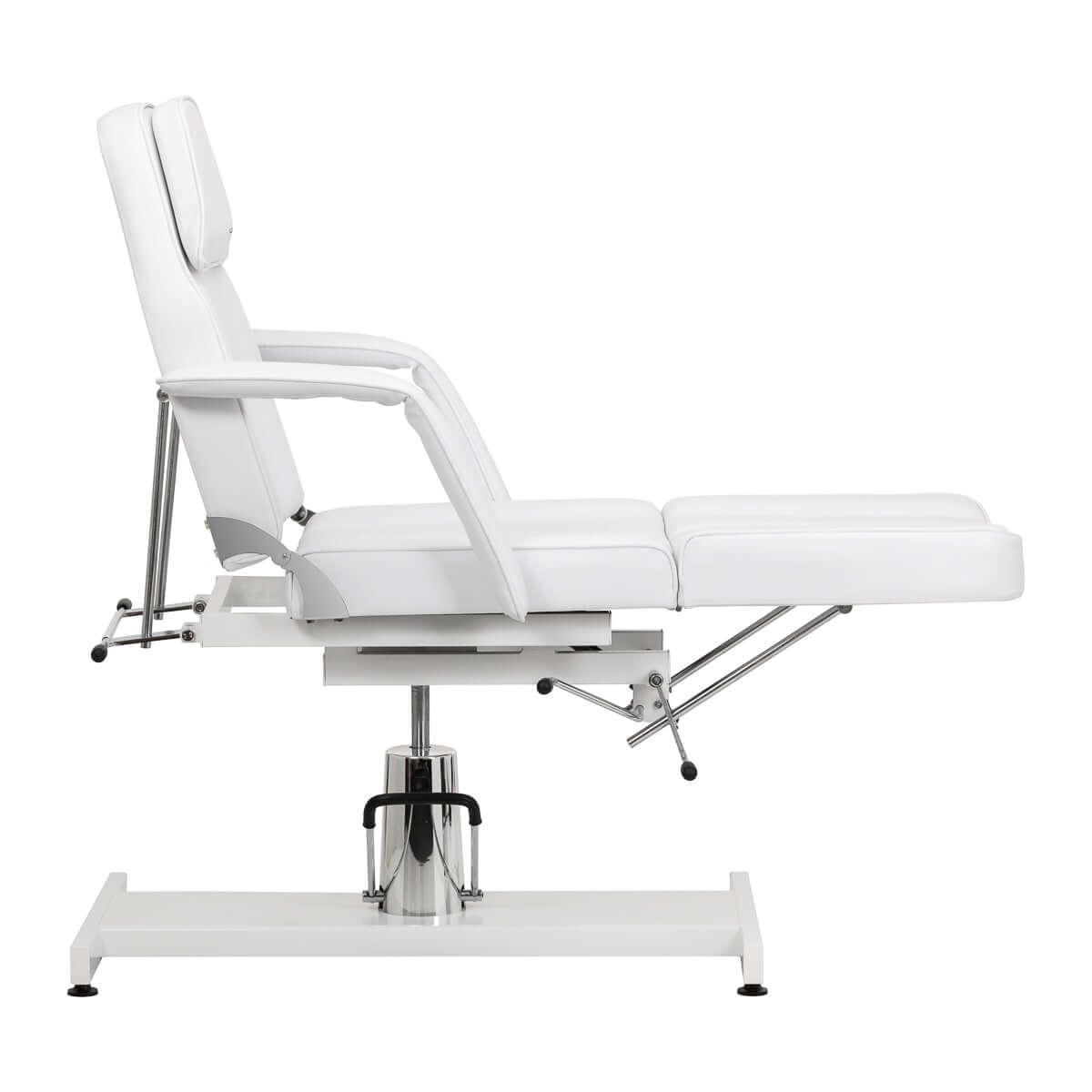 Fotel kosmetyczny hydrauliczny do pedicure Sillon 210 z kołyską i dzielonym podnóżkiem biały widok z boku