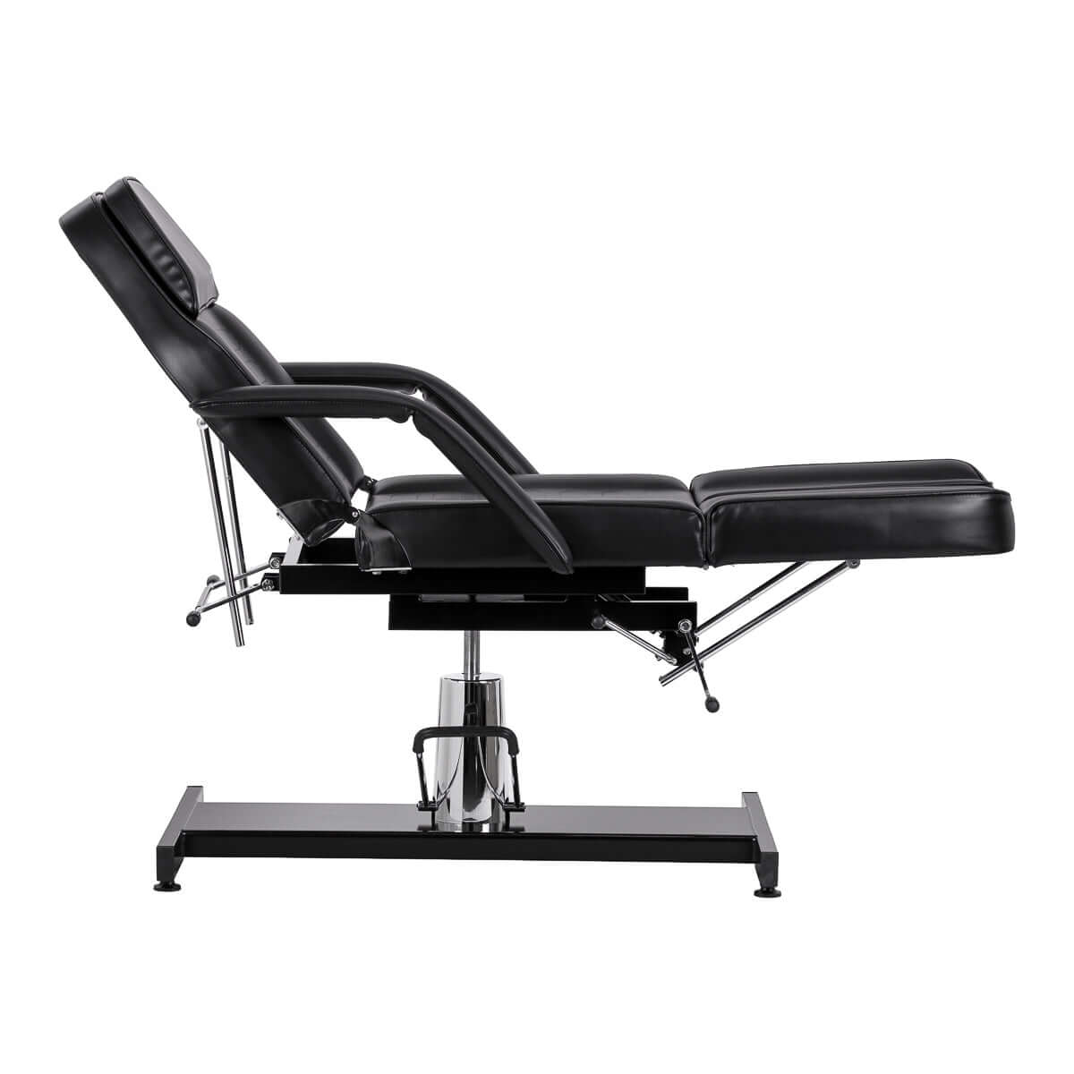 Fotel kosmetyczny hydrauliczny do pedicure Sillon 210 z kołyską i dzielonym podnóżkiem czarny z boku.